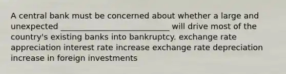 A central bank must be concerned about whether a large and unexpected ___________________________ will drive most of the country's existing banks into bankruptcy. exchange rate appreciation interest rate increase exchange rate depreciation increase in foreign investments