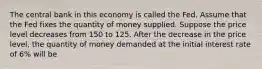 The central bank in this economy is called the Fed. Assume that the Fed fixes the quantity of money supplied. Suppose the price level decreases from 150 to 125. After the decrease in the price level, the quantity of money demanded at the initial interest rate of 6% will be