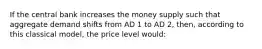 If the central bank increases the money supply such that aggregate demand shifts from AD 1 to AD 2, then, according to this classical model, the price level would: