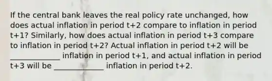 If the central bank leaves the real policy rate​ unchanged, how does actual inflation in period t+2 compare to inflation in period t+1​? ​Similarly, how does actual inflation in period t+3 compare to inflation in period t+2​? Actual inflation in period t+2 will be _____________ inflation in period t+1​, and actual inflation in period t+3 will be _____________ inflation in period t+2.