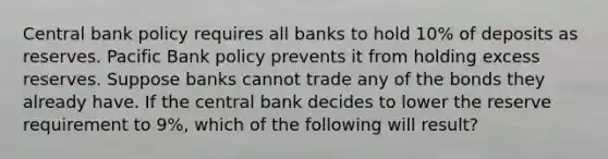 Central bank policy requires all banks to hold 10% of deposits as reserves. Pacific Bank policy prevents it from holding excess reserves. Suppose banks cannot trade any of the bonds they already have. If the central bank decides to lower the reserve requirement to 9%, which of the following will result?