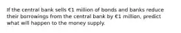 If the central bank sells €1 million of bonds and banks reduce their borrowings from the central bank by €1 ​million, predict what will happen to the money supply.