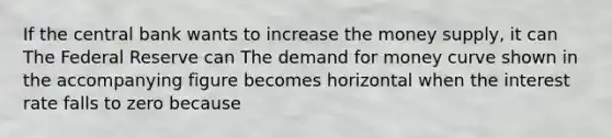 If the central bank wants to increase the money​ supply, it can​ The Federal Reserve can​ The demand for money curve shown in the accompanying figure becomes horizontal when the interest rate falls to zero because