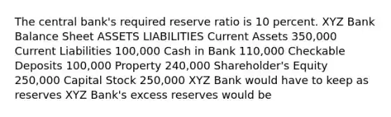 The central bank's required reserve ratio is 10 percent. XYZ Bank Balance Sheet ASSETS LIABILITIES Current Assets 350,000 Current Liabilities 100,000 Cash in Bank 110,000 Checkable Deposits 100,000 Property 240,000 Shareholder's Equity 250,000 Capital Stock 250,000 XYZ Bank would have to keep as reserves XYZ Bank's excess reserves would be