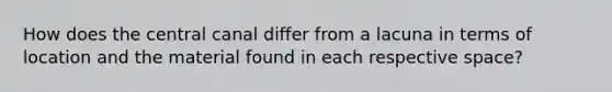 How does the central canal differ from a lacuna in terms of location and the material found in each respective space?