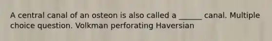 A central canal of an osteon is also called a ______ canal. Multiple choice question. Volkman perforating Haversian