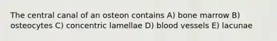 The central canal of an osteon contains A) bone marrow B) osteocytes C) concentric lamellae D) blood vessels E) lacunae