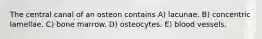 The central canal of an osteon contains A) lacunae. B) concentric lamellae. C) bone marrow. D) osteocytes. E) blood vessels.