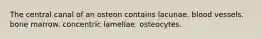 The central canal of an osteon contains lacunae. blood vessels. bone marrow. concentric lamellae. osteocytes.