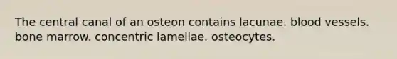 The central canal of an osteon contains lacunae. blood vessels. bone marrow. concentric lamellae. osteocytes.