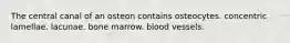 The central canal of an osteon contains osteocytes. concentric lamellae. lacunae. bone marrow. blood vessels.