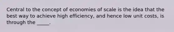 Central to the concept of economies of scale is the idea that the best way to achieve high efficiency, and hence low unit costs, is through the _____.