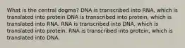 What is the central dogma? DNA is transcribed into RNA, which is translated into protein DNA is transcribed into protein, which is translated into RNA. RNA is transcribed into DNA, which is translated into protein. RNA is transcribed into protein, which is translated into DNA.