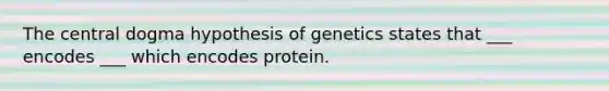 The central dogma hypothesis of genetics states that ___ encodes ___ which encodes protein.