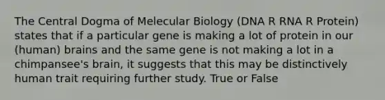 The Central Dogma of Melecular Biology (DNA R RNA R Protein) states that if a particular gene is making a lot of protein in our (human) brains and the same gene is not making a lot in a chimpansee's brain, it suggests that this may be distinctively human trait requiring further study. True or False