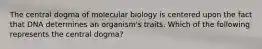 The central dogma of molecular biology is centered upon the fact that DNA determines an organism's traits. Which of the following represents the central dogma?