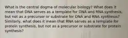 What is the central dogma of molecular biology? What does it mean that DNA serves as a template for DNA and RNA synthesis, but not as a precursor or substrate for DNA and RNA synthesis? Similarly, what does it mean that RNA serves as a template for protein synthesis, but not as a precursor or substrate for protein synthesis?