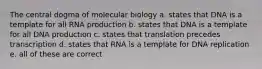 The central dogma of molecular biology a. states that DNA is a template for all RNA production b. states that DNA is a template for all DNA production c. states that translation precedes transcription d. states that RNA is a template for DNA replication e. all of these are correct