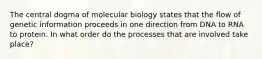 The central dogma of molecular biology states that the flow of genetic information proceeds in one direction from DNA to RNA to protein. In what order do the processes that are involved take place?