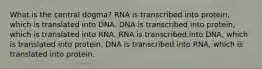 What is the central dogma? RNA is transcribed into protein, which is translated into DNA. DNA is transcribed into protein, which is translated into RNA. RNA is transcribed into DNA, which is translated into protein. DNA is transcribed into RNA, which is translated into protein.