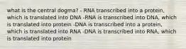 what is the central dogma? - RNA transcribed into a protein, which is translated into DNA -RNA is transcribed into DNA, which is translated into protein -DNA is transcribed into a protein, which is translated into RNA -DNA is transcribed into RNA, which is translated into protein