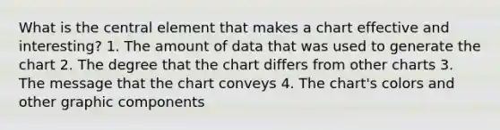 What is the central element that makes a chart effective and interesting? 1. The amount of data that was used to generate the chart 2. The degree that the chart differs from other charts 3. The message that the chart conveys 4. The chart's colors and other graphic components