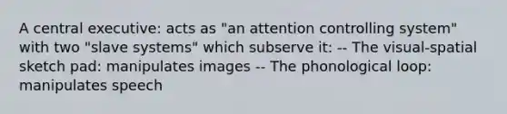 A central executive: acts as "an attention controlling system" with two "slave systems" which subserve it: -- The visual-spatial sketch pad: manipulates images -- The phonological loop: manipulates speech