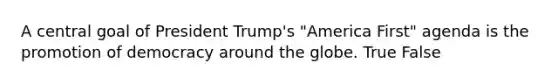 A central goal of President Trump's "America First" agenda is the promotion of democracy around the globe. True False