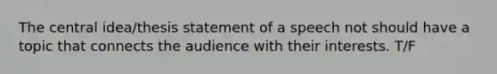 The central idea/thesis statement of a speech not should have a topic that connects the audience with their interests. T/F