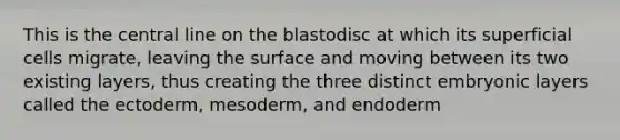 This is the central line on the blastodisc at which its superficial cells migrate, leaving the surface and moving between its two existing layers, thus creating the three distinct embryonic layers called the ectoderm, mesoderm, and endoderm