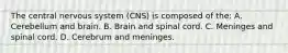 The central nervous system (CNS) is composed of the: A. Cerebellum and brain. B. Brain and spinal cord. C. Meninges and spinal cord. D. Cerebrum and meninges.