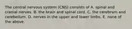 The central nervous system (CNS) consists of A. spinal and cranial nerves. B. the brain and spinal cord. C. the cerebrum and cerebellum. D. nerves in the upper and lower limbs. E. none of the above.