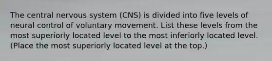 The central <a href='https://www.questionai.com/knowledge/kThdVqrsqy-nervous-system' class='anchor-knowledge'>nervous system</a> (CNS) is divided into five levels of neural control of voluntary movement. List these levels from the most superiorly located level to the most inferiorly located level. (Place the most superiorly located level at the top.)