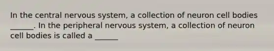 In the central <a href='https://www.questionai.com/knowledge/kThdVqrsqy-nervous-system' class='anchor-knowledge'>nervous system</a>, a collection of neuron cell bodies ______. In the peripheral nervous system, a collection of neuron cell bodies is called a ______