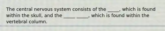 The central nervous system consists of the _____, which is found within the skull, and the _____ _____, which is found within the vertebral column.