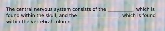 The central nervous system consists of the ___________, which is found within the skull, and the_________ ________ , which is found within the <a href='https://www.questionai.com/knowledge/ki4fsP39zf-vertebral-column' class='anchor-knowledge'>vertebral column</a>.