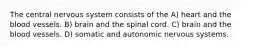 The central nervous system consists of the​ A) ​heart and the blood vessels. B) ​brain and the spinal cord. C) ​brain and the blood vessels. D) ​somatic and autonomic nervous systems.