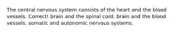 The central nervous system consists of the​ ​heart and the blood vessels. Correct! ​brain and the spinal cord. ​brain and the blood vessels. ​somatic and autonomic nervous systems.