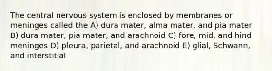 The central <a href='https://www.questionai.com/knowledge/kThdVqrsqy-nervous-system' class='anchor-knowledge'>nervous system</a> is enclosed by membranes or meninges called the A) dura mater, alma mater, and pia mater B) dura mater, pia mater, and arachnoid C) fore, mid, and hind meninges D) pleura, parietal, and arachnoid E) glial, Schwann, and interstitial