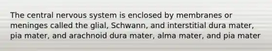 The central nervous system is enclosed by membranes or meninges called the glial, Schwann, and interstitial dura mater, pia mater, and arachnoid dura mater, alma mater, and pia mater