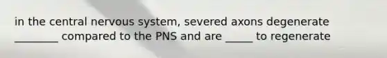 in the central nervous system, severed axons degenerate ________ compared to the PNS and are _____ to regenerate