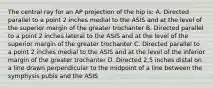 The central ray for an AP projection of the hip is: A. Directed parallel to a point 2 inches medial to the ASIS and at the level of the superior margin of the greater trochanter B. Directed parallel to a point 2 inches lateral to the ASIS and at the level of the superior margin of the greater trochanter C. Directed parallel to a point 2 inches medial to the ASIS and at the level of the inferior margin of the greater trochanter D. Directed 2.5 inches distal on a line drawn perpendicular to the midpoint of a line between the symphysis pubis and the ASIS