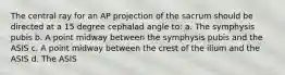 The central ray for an AP projection of the sacrum should be directed at a 15 degree cephalad angle to: a. The symphysis pubis b. A point midway between the symphysis pubis and the ASIS c. A point midway between the crest of the ilium and the ASIS d. The ASIS