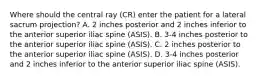 Where should the central ray (CR) enter the patient for a lateral sacrum projection? A. 2 inches posterior and 2 inches inferior to the anterior superior iliac spine (ASIS). B. 3-4 inches posterior to the anterior superior iliac spine (ASIS). C. 2 inches posterior to the anterior superior iliac spine (ASIS). D. 3-4 inches posterior and 2 inches inferior to the anterior superior iliac spine (ASIS).