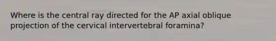 Where is the central ray directed for the AP axial oblique projection of the cervical intervertebral foramina?