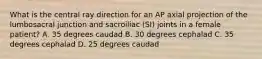 What is the central ray direction for an AP axial projection of the lumbosacral junction and sacroiliac (SI) joints in a female patient? A. 35 degrees caudad B. 30 degrees cephalad C. 35 degrees cephalad D. 25 degrees caudad