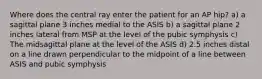 Where does the central ray enter the patient for an AP hip? a) a sagittal plane 3 inches medial to the ASIS b) a sagittal plane 2 inches lateral from MSP at the level of the pubic symphysis c) The midsagittal plane at the level of the ASIS d) 2.5 inches distal on a line drawn perpendicular to the midpoint of a line between ASIS and pubic symphysis