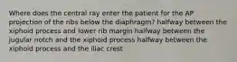 Where does the central ray enter the patient for the AP projection of the ribs below the diaphragm? halfway between the xiphoid process and lower rib margin halfway between the jugular notch and the xiphoid process halfway between the xiphoid process and the iliac crest