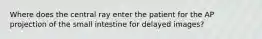 Where does the central ray enter the patient for the AP projection of the small intestine for delayed images?