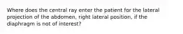 Where does the central ray enter the patient for the lateral projection of the abdomen, right lateral position, if the diaphragm is not of interest?